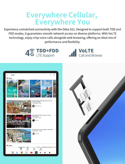 Odea S11 Tablet Android 14 Max 16GB RAM 256GB ROM T606 8-core 11 inch TDDI Tablets 4G VoLTE GPS 8000mAh Widevine L1 Type-C.