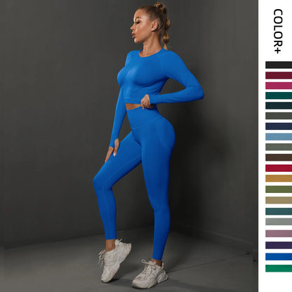 2Pcs Women Sets Energy Seamless Gym Suits Bubble Butt Sports Pants+Long Sleeve Shirts Push Up Running Sets Tracksuits Tights Set.