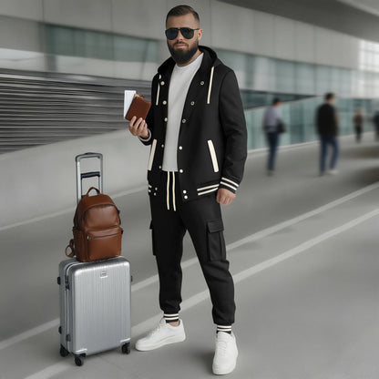 New autumn and winter men's large twill hooded baseball jacket and hoodie open cardigan long-sleeved work pants set.