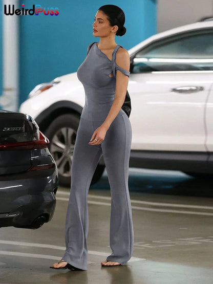 Weird Puss Irregular Knot Women 2 Piece Sets Stretch Casual Short Sleeve Tank Tops+Flare Pants Matching Outfits Slim Streetwear.