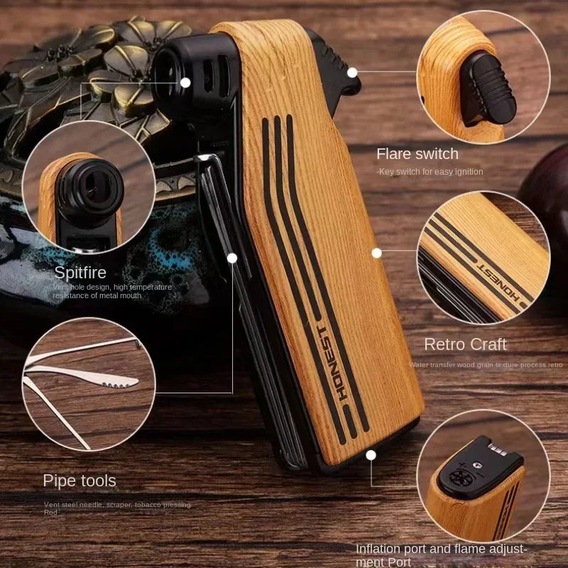 New Multifunctional Special Pipe Machine Oblique Fire Retro Open Fire Lighter Inflatable with Smoke Knife Pressure Stick Scraper.