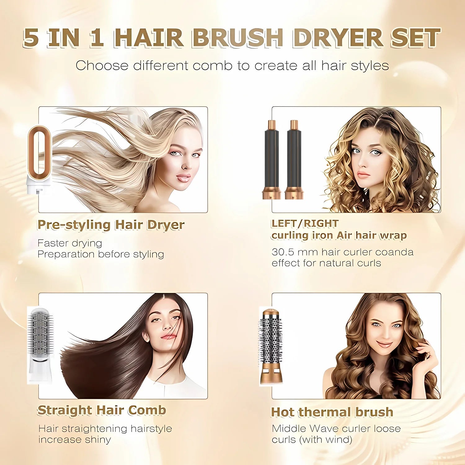 5 In 1 Electric Hair Brush Hair Dryer For Dyson Airwrap Automatic Curler Hair Straightener Hot Air Comb Hairdressing Appliance.