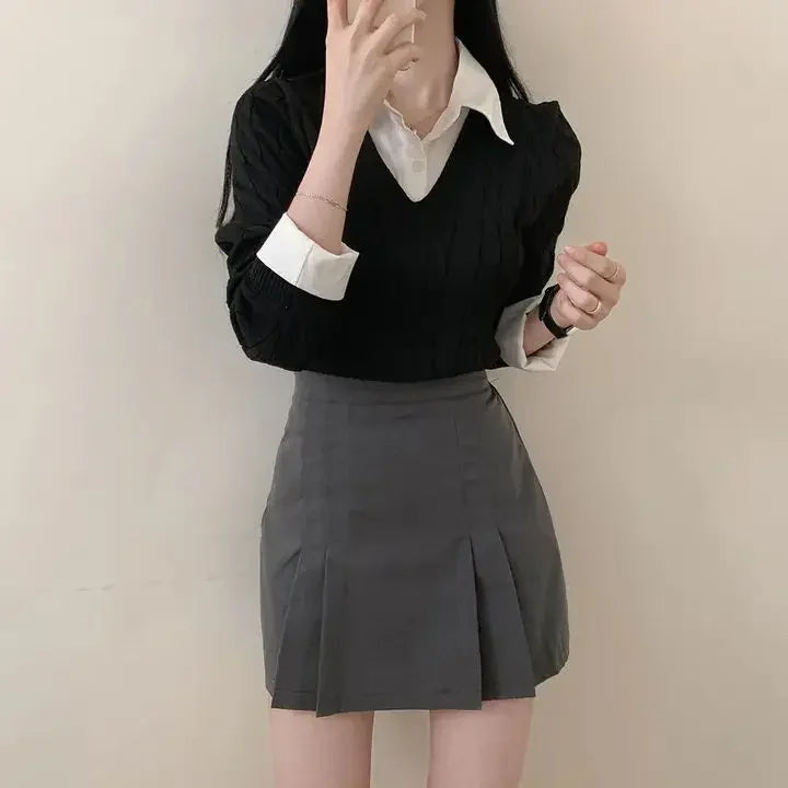 Mode Winter Gestrickte Pullover Frauen Casual V-ausschnitt Pullover Alle-spiel Weibliche Kleidung Lose Gefälschte Zwei Artikel Kurze Tops Jumper.