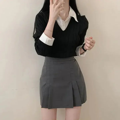 Mode Winter Gestrickte Pullover Frauen Casual V-ausschnitt Pullover Alle-spiel Weibliche Kleidung Lose Gefälschte Zwei Artikel Kurze Tops Jumper.