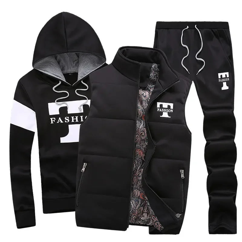 3 Pieces Set Hoodies+Vest+Pants Casual Men's Track Suit Clothing Coats Winter Thick Warm Tracksuit for Men Printed Mens Set Vest.