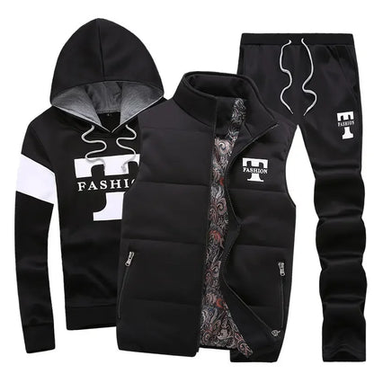 3 Pieces Set Hoodies+Vest+Pants Casual Men's Track Suit Clothing Coats Winter Thick Warm Tracksuit for Men Printed Mens Set Vest.