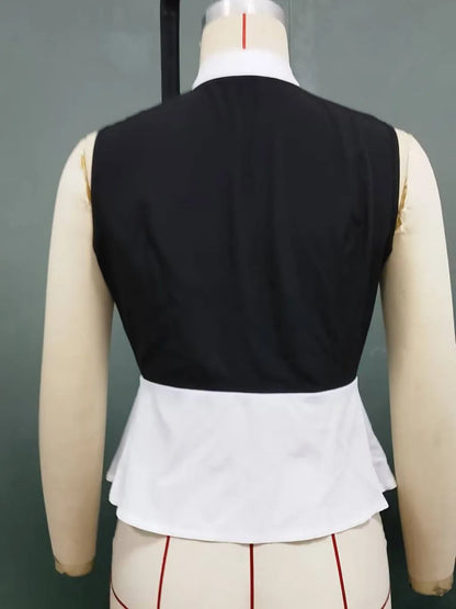 New Fall Women's Sleeveless Shirt, Black and White Block-Colored V-Neck Shirts, Asian Sizes S-XL..