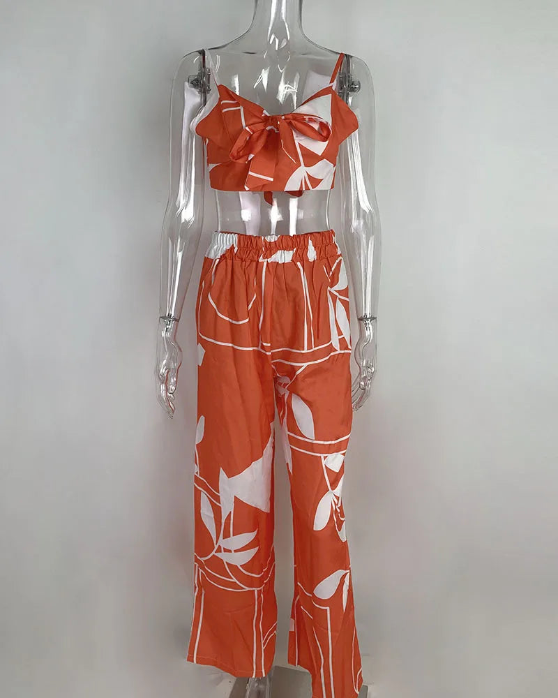 Elegant Two Piece Outfits For Women 2025 Sexy V-Neck Strap Backless Lace-up Slim Crop Top & Wide Leg Pants Sets Summer Lady Suit.