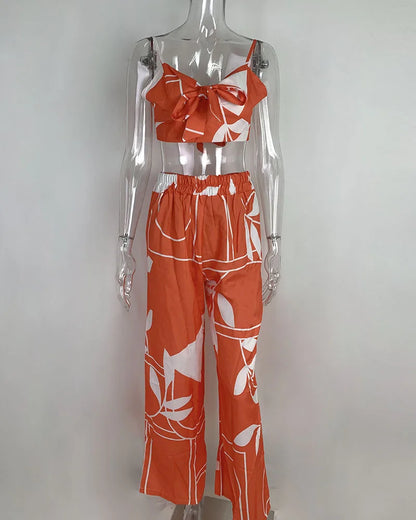 Elegant Two Piece Outfits For Women 2025 Sexy V-Neck Strap Backless Lace-up Slim Crop Top & Wide Leg Pants Sets Summer Lady Suit.