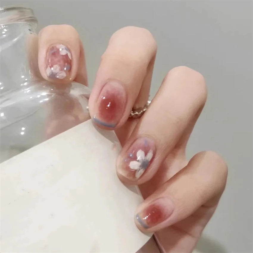 24Pcs/Set White Peach Oolong Gentle French Press on Nail Blush Halo Short Frosted Wearing False Nails Removable Fake Nail Art.