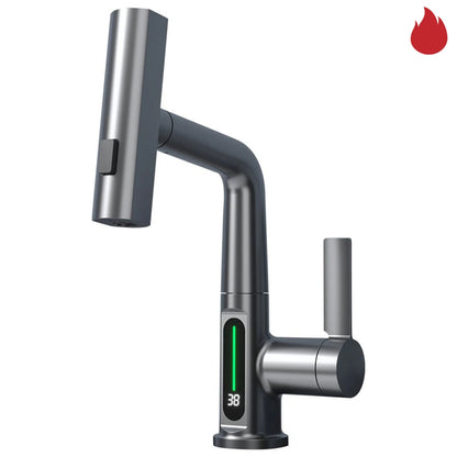 Waterfall Pull Out Kitchen Faucet White Intelligent Digital Display Cold Hot Mixer Taps Rotatable Sink Lifting Basin Faucet