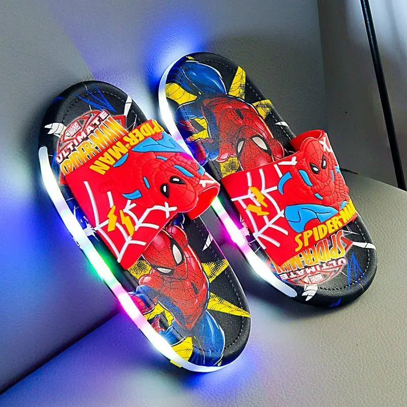 Disney Spider-Man Children's Slippers Non-slip Cartoon Light Soft Soled Slippers For Boys LED Light Luminous Children's Summer S.