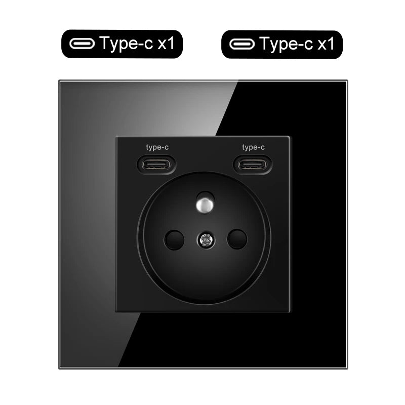 JHJCH Touch Lichtschalter Frankreich Steckdosen USB C Telefon Ladung Kristallglas 1/2/3Gang Wandschalter Doppelsteckdosen Schwarz.