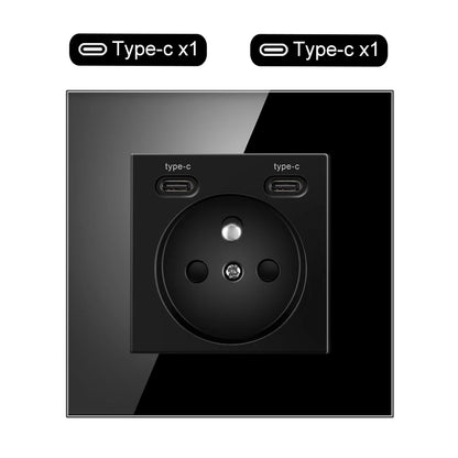 JHJCH Touch Lichtschalter Frankreich Steckdosen USB C Telefon Ladung Kristallglas 1/2/3Gang Wandschalter Doppelsteckdosen Schwarz.