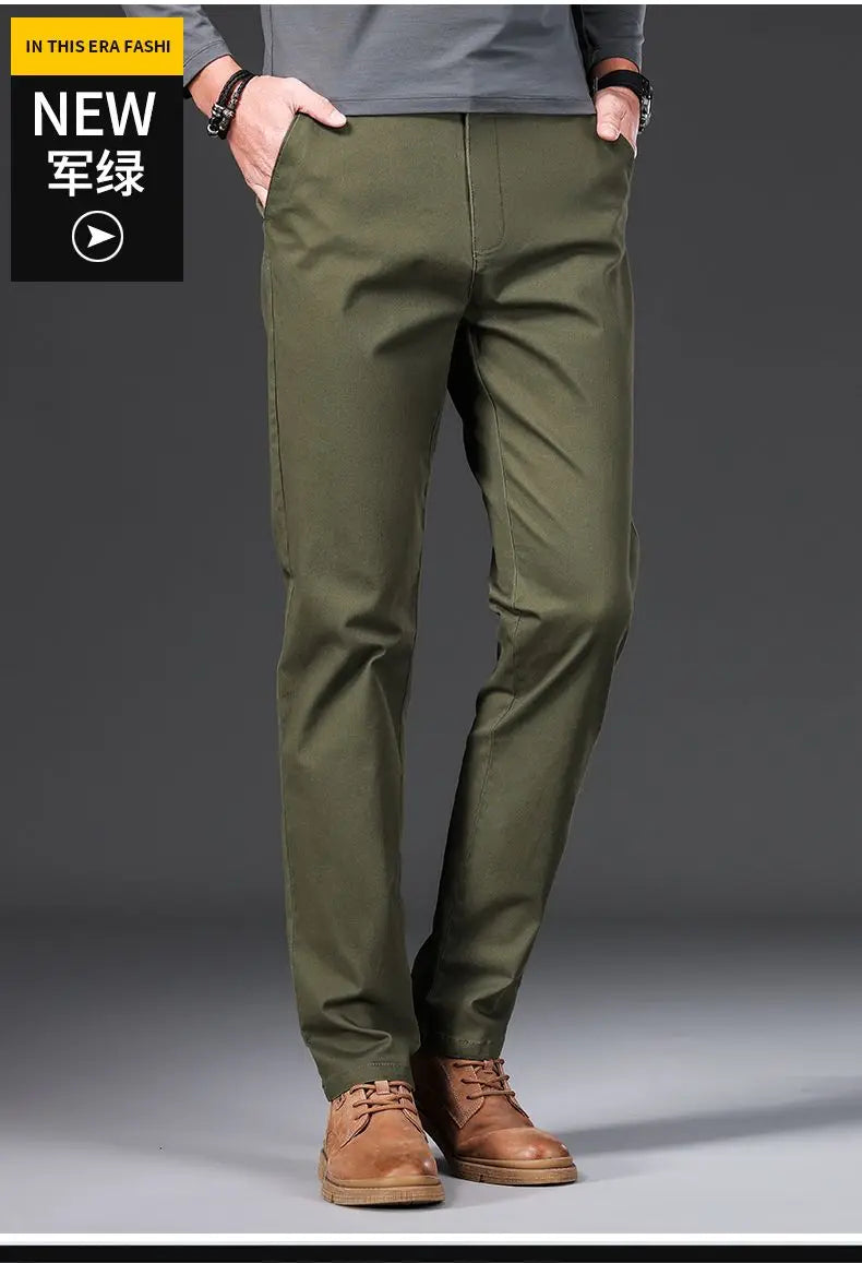 Cotton Men's Casual Pants Straight Stretch Trouser Male Fashion Slim Business Dress Golf Office Spring Autumn Khaki Black Formal