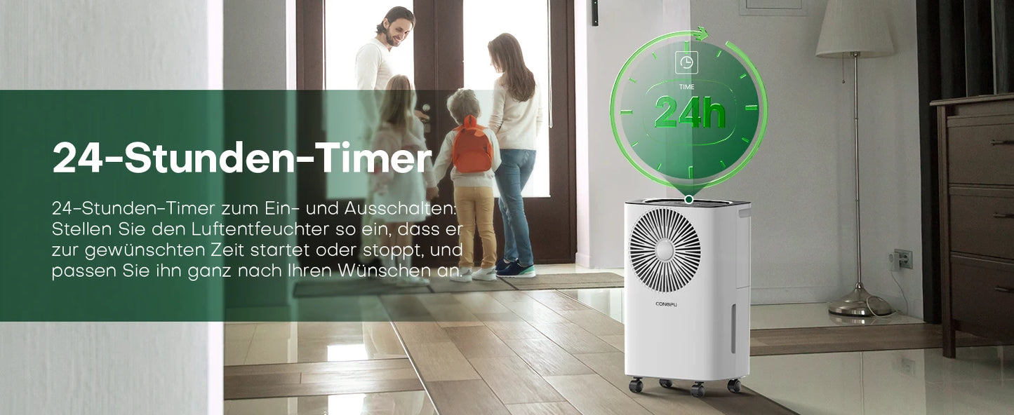 Dehumidifier 12 L/Day, Car Dehumidification, 24H Timer On/Off, Continuous Drainage, Room Dehumidifier, Suitable for Home/Basemen.