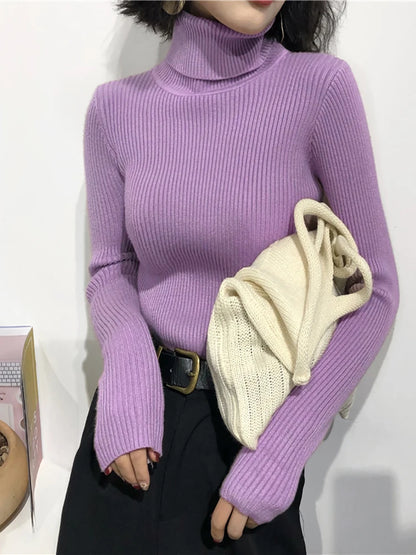 2025 herbst Winter Dicken Pullover Frauen Gestrickte Rippen Pullover Pullover Langarm Rollkragen Schlank Jumper Weiche Warme Pull Femme