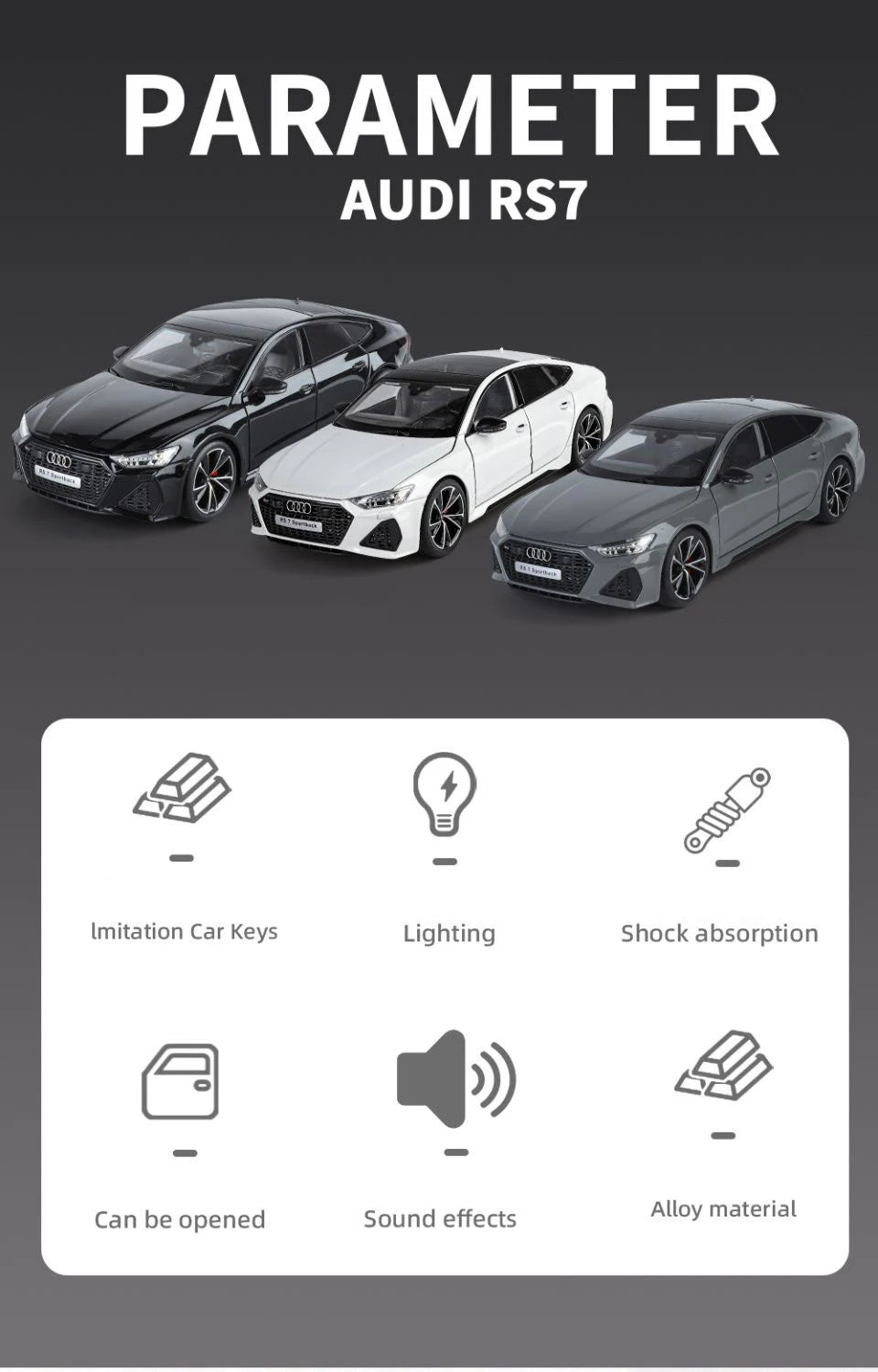 1:18 Key Remote Control Version AUDI RS7 Alloy Sports Car Model Diecast Metal Racing Vehicle Car Model Sound Light Kids Toy Gift.