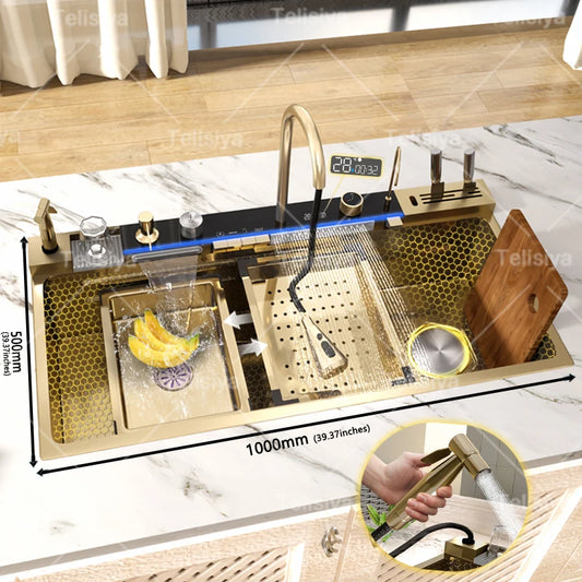 Goldene Küchenspüle aus Edelstahl, multifunktionale Wasserfall-Auslass, Einzelschlitz, Klavierknopf, Digitalanzeige