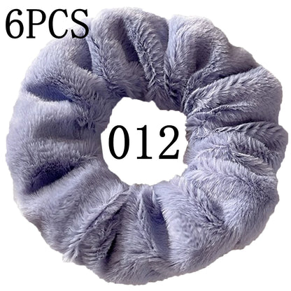 6pc Hair Scrunchies Furry Elastic Band Women Girl Ponytail Holder Rubber Ties Accessories Plush Faux Fur Soft Chiffon Headband