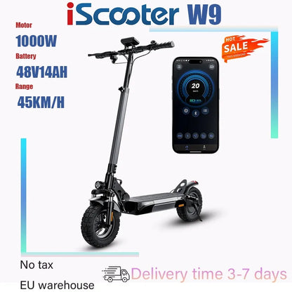 ISCOTER W9 Electric scooter 1000W engine 48V14AH battery foldable E-type scooter 10-inch pneumatic tire adult electric scooter.