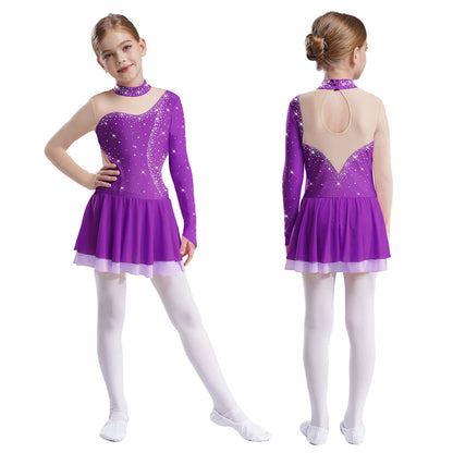 Kinder Mädchen Eiskunstlauf Kleid Lyrical Ballett Tanz Rhythmische Gymnastik Leistung Kostüm Langarm Strass Trikot