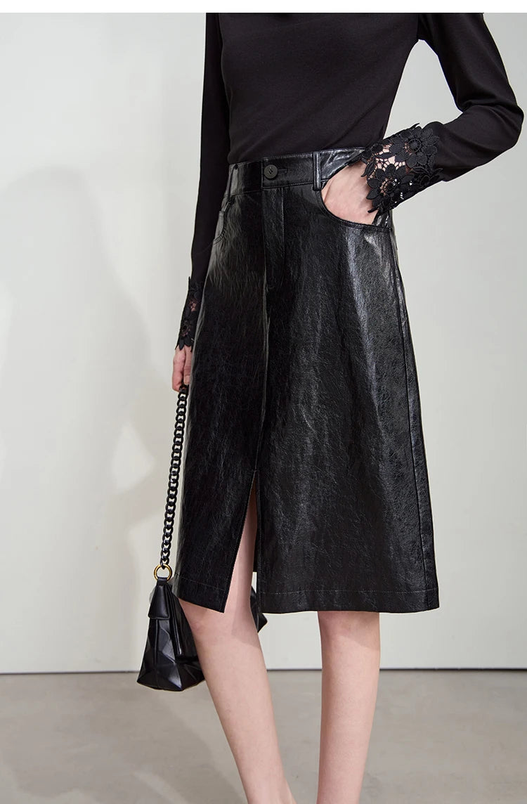 AMII Minimalist PU Leather Skirt For Women 2025 American Retro Knee-Length Skirt Solid Basics Business Women's Clothing 12553014.