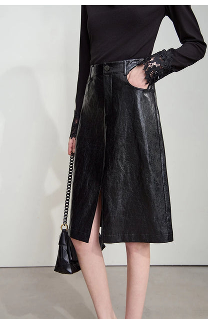 AMII Minimalist PU Leather Skirt For Women 2025 American Retro Knee-Length Skirt Solid Basics Business Women's Clothing 12553014.