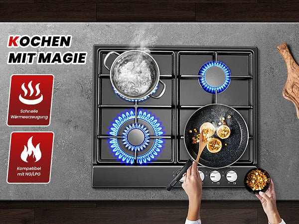 4 Burners Black Enamelled Plate 58 cm Automatic Flame Protection, Natural Gas and Propane Gas, Built-in Gas Hob.