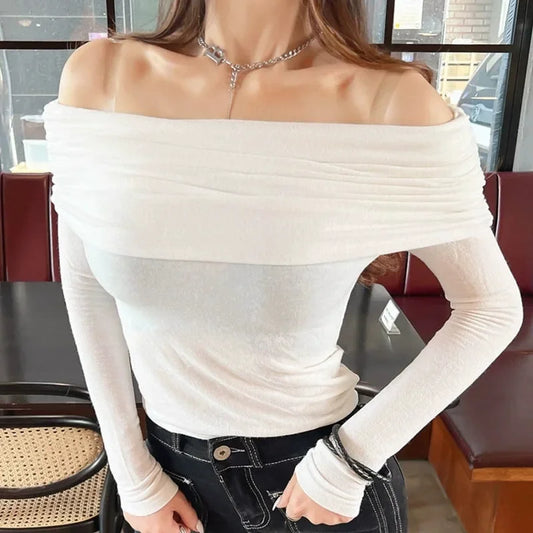 Korean Dongdaemun Spring Summer New Style Elegant One Shoulder Pleated Thin Long Sleeve Slimming Fit Cotton T-Shirt.