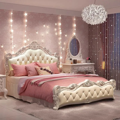 Weißes hohes Doppelbett mit Schubladen, schlichtes rosa nordisches italienisches 180 x 200 cm großes Luxusbett, moderne Mädchenvilla, Cama-Hochzeitsmöbel