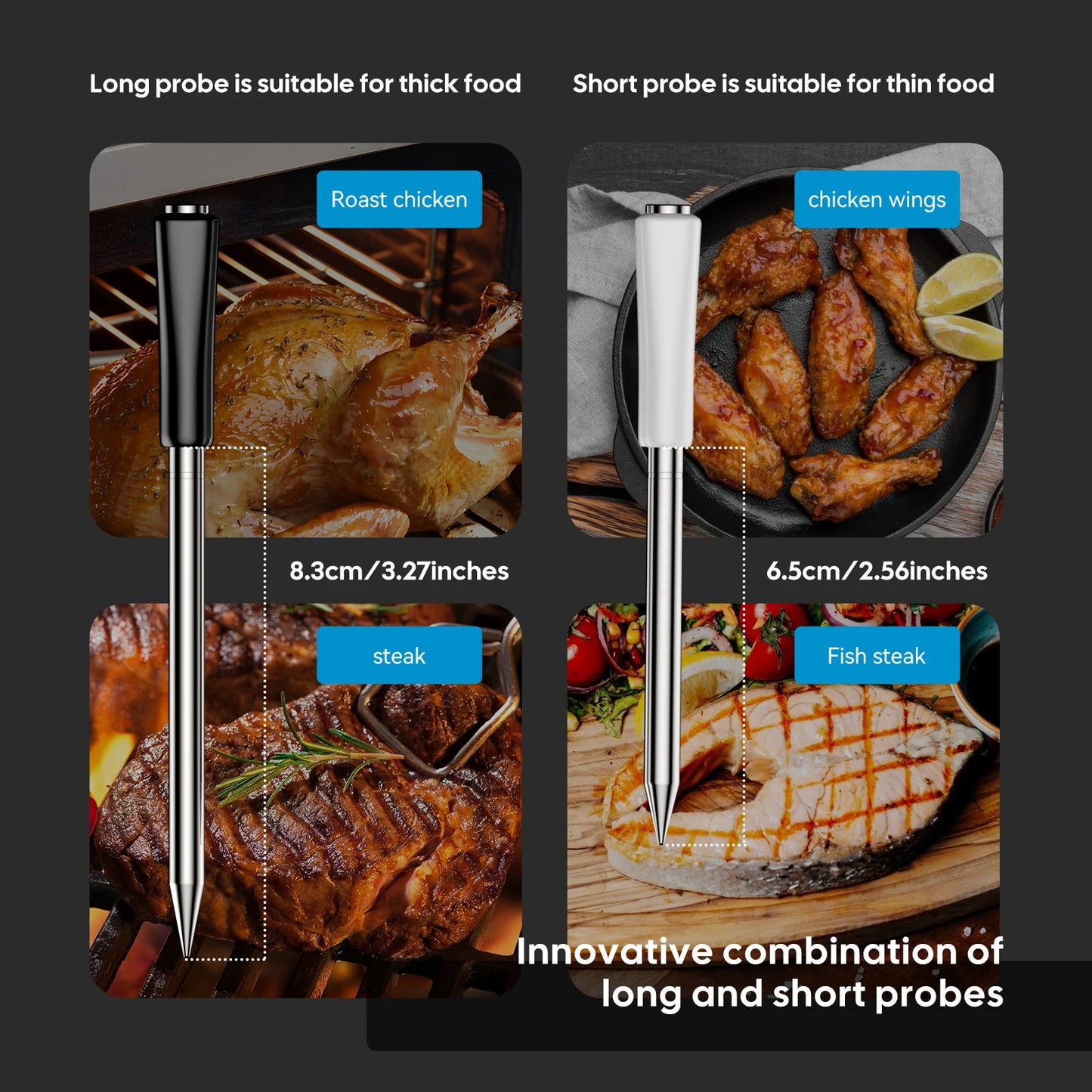 Smart Beef Meat Thermometer Wireless Bluetooth BBQ Thermometer with Long&Short Probes Precision Food Temp Gauge for Cooking.