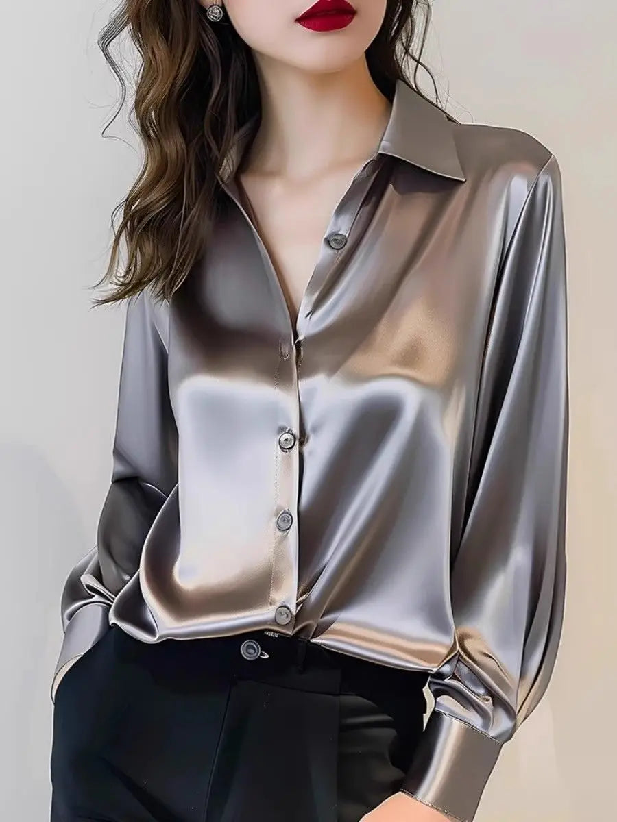 2025 Summer Women's Satin Shirts Elegant Plain Long Sleeve Blouse Office Lady Button-Up Shirt Top Female Shirts Blouse Autumn.