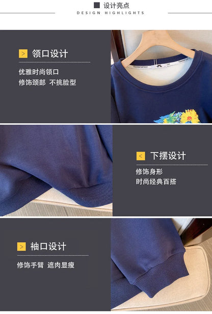 150kg plus size Damen büste Herbst Winter lose Rundhals ausschnitt Fleece warmes Sweatshirt bedrucktes Oberteil blau 5xl 6xl 7xl 8xl 9xl.