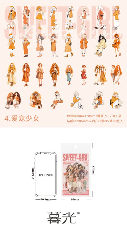 60 pcs Hand malerei Mode süße Mädchen Menschen Aufkleber Vintage Cartoon Mode Mädchen Sammelalbum Ölgemälde Illustration Aufkleber.