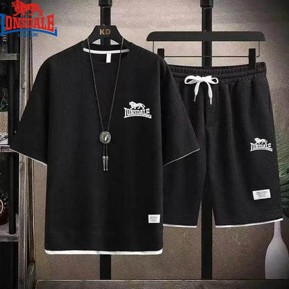 Embroidered LONSDALE Summer Men's Waffle Sets Casual T-Shirt And Shorts Set Male Sports Suit Tracksuit Loose Suits Size 3XL.