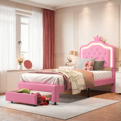 Rosahqnda Kinderbett, gepolsterter Bettrahmen, Krone, Kopfteil, Schubladenschrank, verstellbare Kopfteil-Lederoberfläche