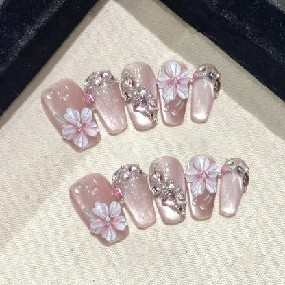 10Pcs Sweet Cute Handmade Press on Nails Flower Butterfly Fake Nails Glossy Diamond False Nails Full Cover Acrylic Nail Tips Art.