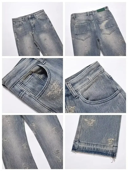 Loose Men's Straight Leg Jeans Casual High Street American Style Torn Frayed Hem Wide Leg Pants Trendy Casual Denim Trousers.