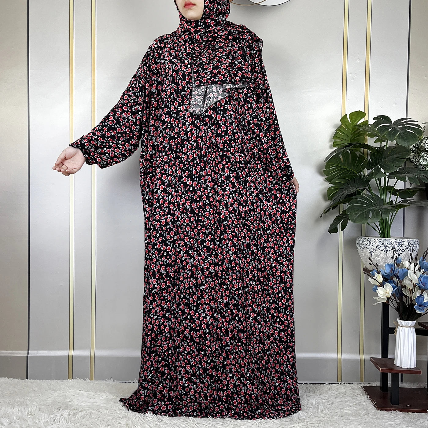 New Muslim Long Sleeved Cotton For Women Ramadan Prayer Turkey Middle East Femme Robe Floral Loose African Abaya Dress Scarfs