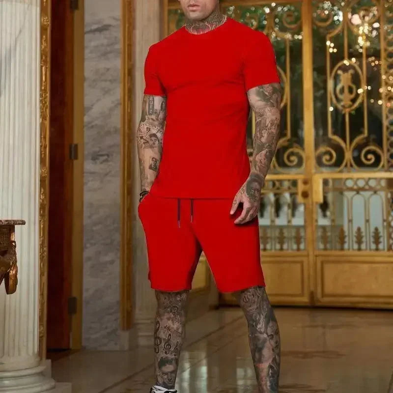 New 2025 summer leisure men sports suit Outdoor hiking jogging men's short sleeve breathable T-shirt + shorts two-piece set.