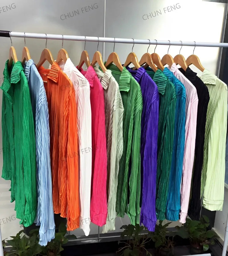 2024 Spring Autumn Women's New Solid Color Button Shirt Long Sleeve Drop Feel Loose Soft Wrinkle Casual Two Piece Set.