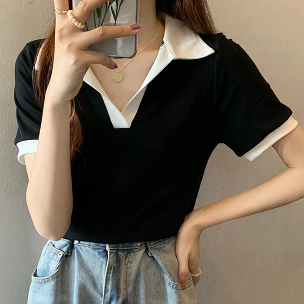 For Daily Use Splicing Pattern Blouse Lapel Short Sleeve Ideal For Casual Outings Daily Wear Casual Lapel Top Sexy.