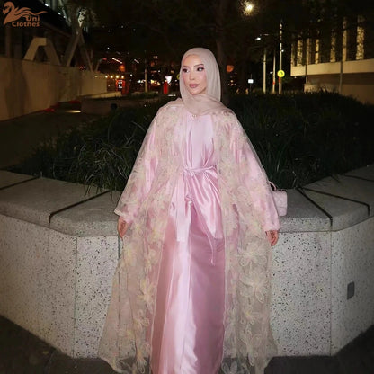 Eid Pink Embroidery Abayas for Women Muslim Dress Dubai Open Abaya Turkey Kaftan Kebaya Kimono Cardigan Islam Clothing Jalabiya.