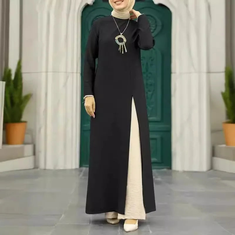 Muslim Women's Long Sleeve Crepe High Split Hem Dress.