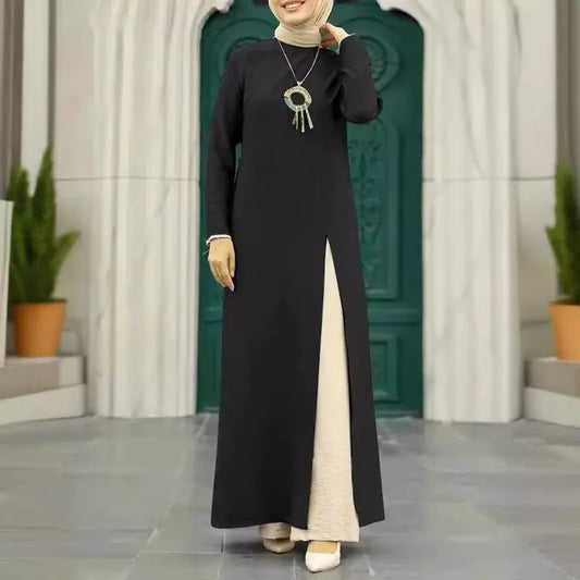 Muslim Women's Long Sleeve Crepe High Split Hem Dress.