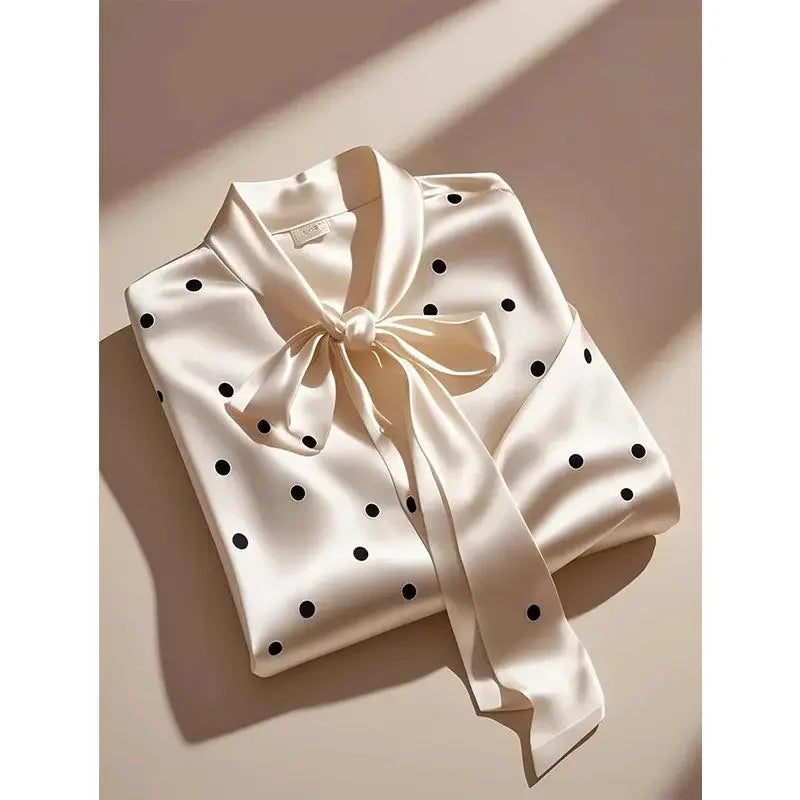 Elegant High Quality Satin Polka Dot Print Shirt Women Office Lady Business Casual Chic Blouse Lace-up Bow Long Sleeve Loose Top.