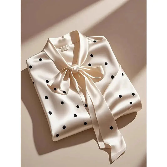 Elegant High Quality Satin Polka Dot Print Shirt Women Office Lady Business Casual Chic Blouse Lace-up Bow Long Sleeve Loose Top.