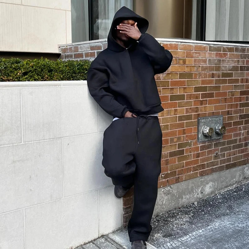 Men Cotton Vintage Tracksuit 2pcs Set Hoodies Straight Pants Casual Loose Hip Hop Sports Hooded Pullover Trousers Y2k Streetwear.