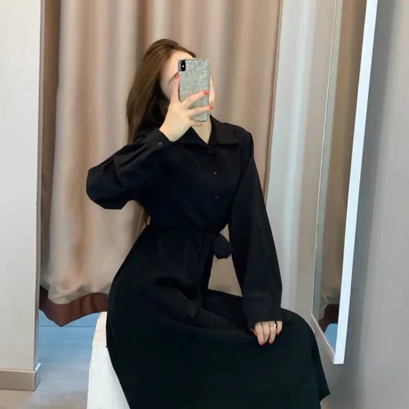 Hebenopis Damen Langes Kleid 2025, Frühling und Herbst, neues, tailliertes, schlankmachendes, elegantes schwarzes Kleid, Kleidung, schmale Passform für Damen.